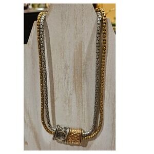 Chico's Two-Tone Mixed Metal Double Strand Necklace Hammered Spiral Slide